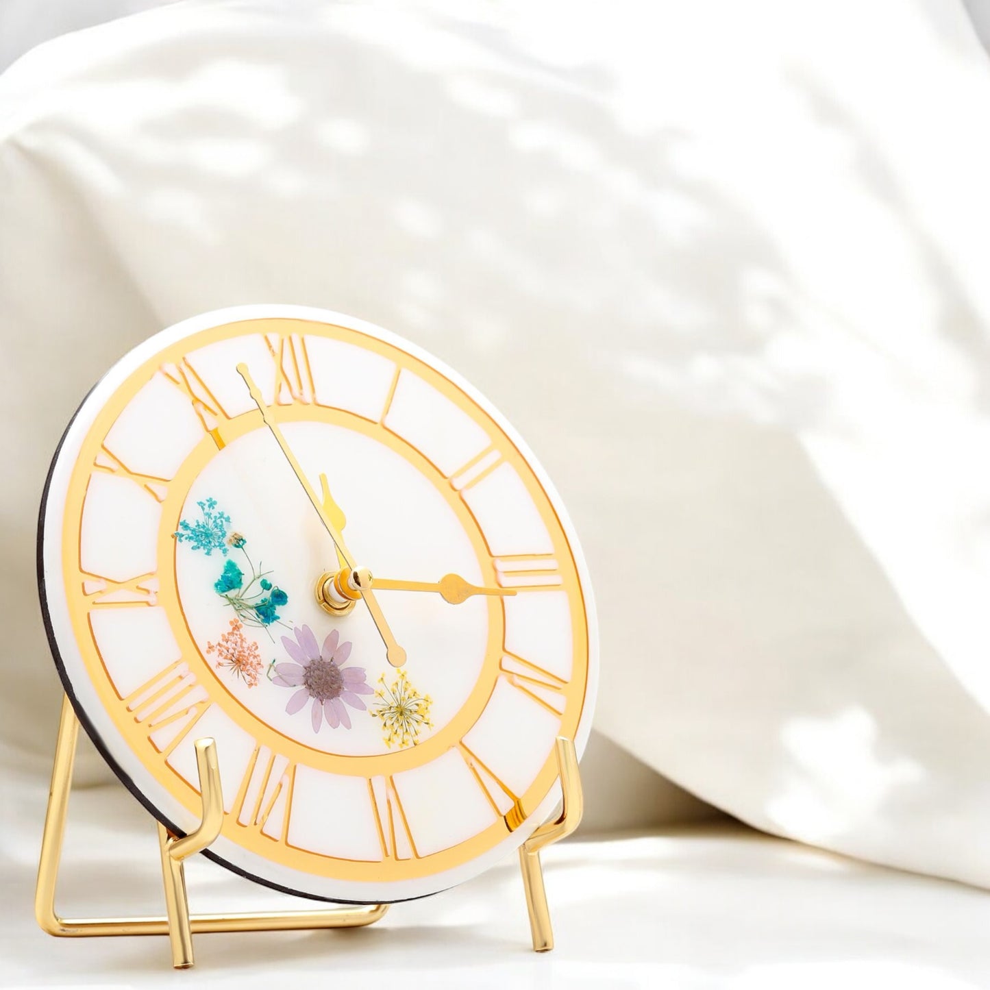 HandArted Resin Table Clock – Blossom White Edition