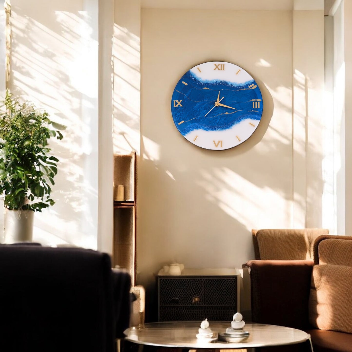 Ocean-Inspired Charm – HandArted Resin Wall Clock in Deep Blue & White