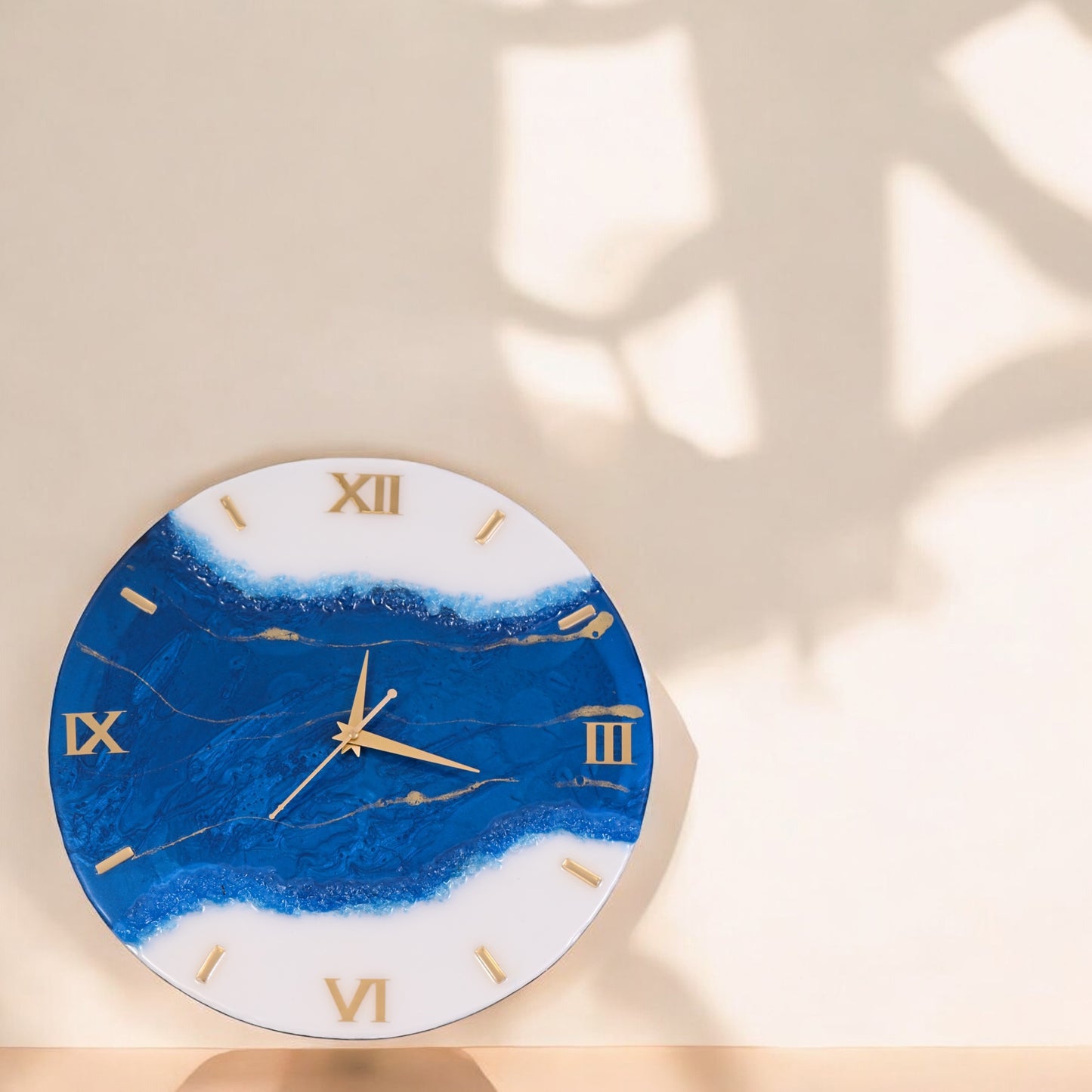 Ocean-Inspired Charm – HandArted Resin Wall Clock in Deep Blue & White