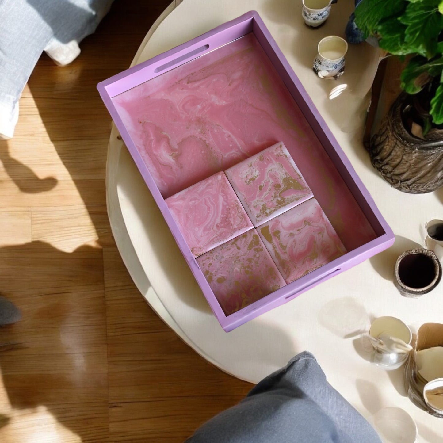 Rose Quartz Resin & Wood Tray & Coaster Set: Feminine Elegance