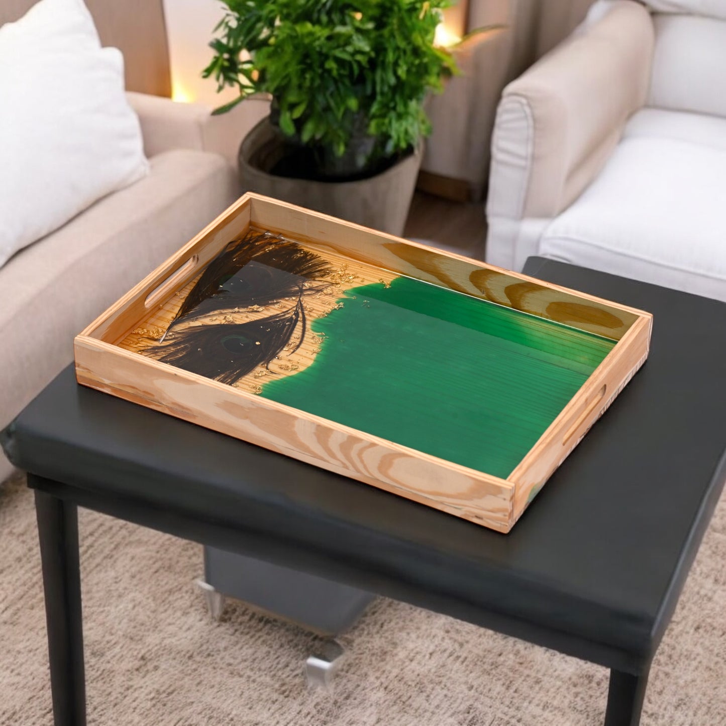 Verdant Abyss Resin & Wood Serving Tray: Modern Artistry
