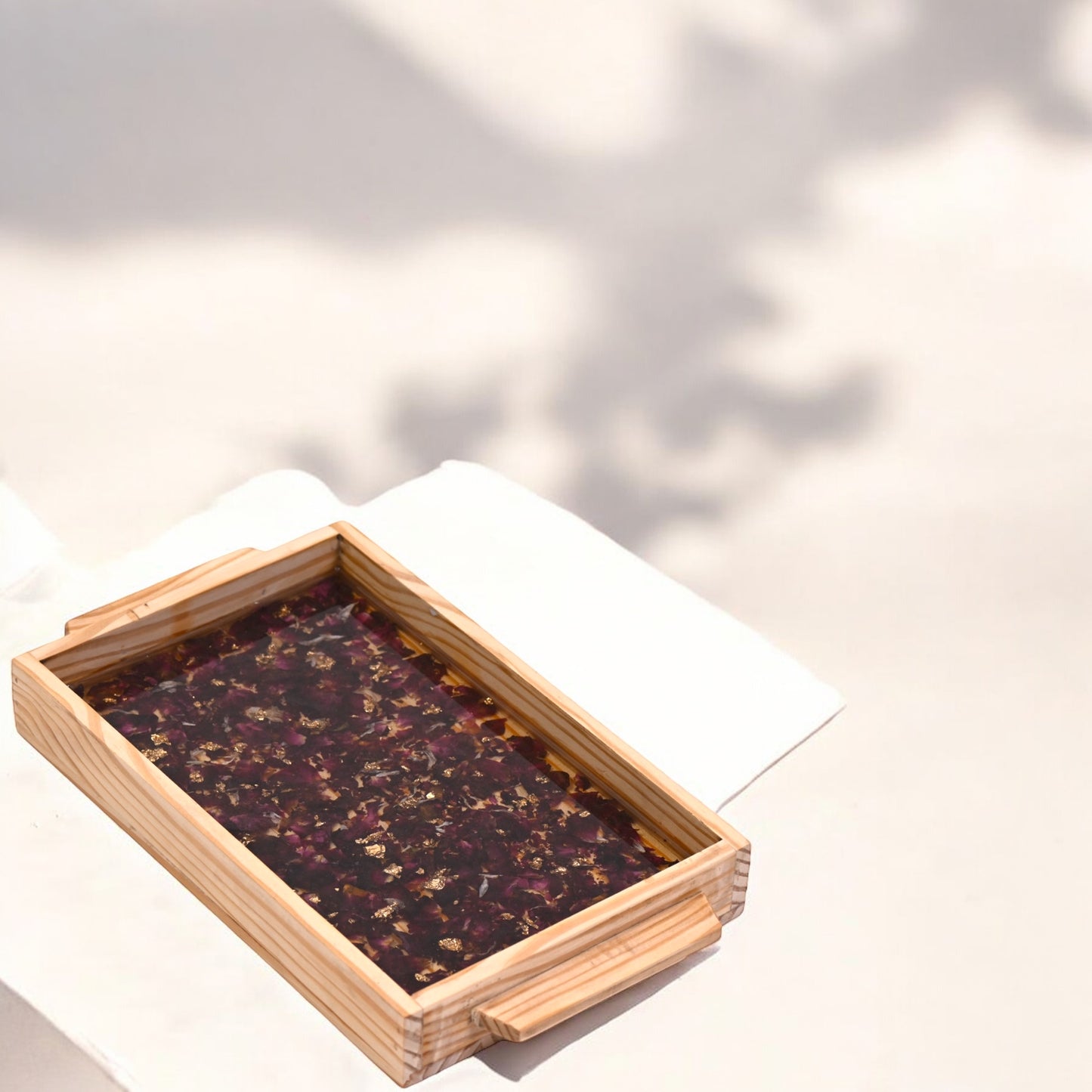 Enchanting Petal & Gold Wooden Tray & Coaster Set: Botanical Elegance