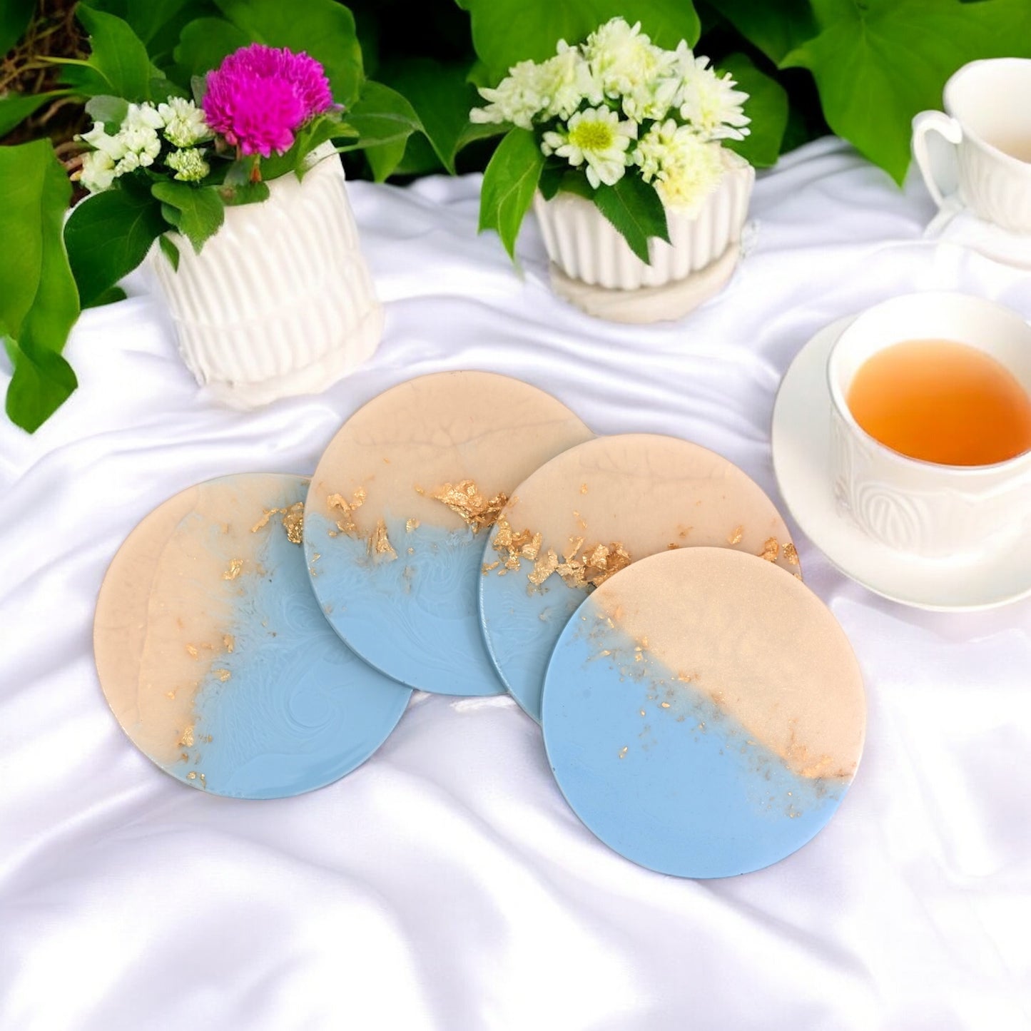Coastal Dreams Resin Coaster Set – Blue & Beige with Gold Foil