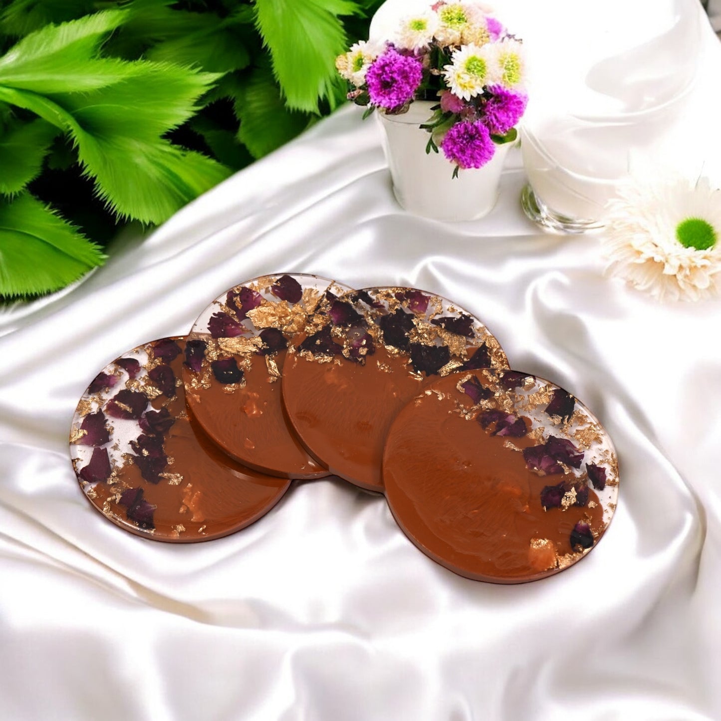 π Resin Coaster β Brown with Gold Foil & Preserved Flowers Edition