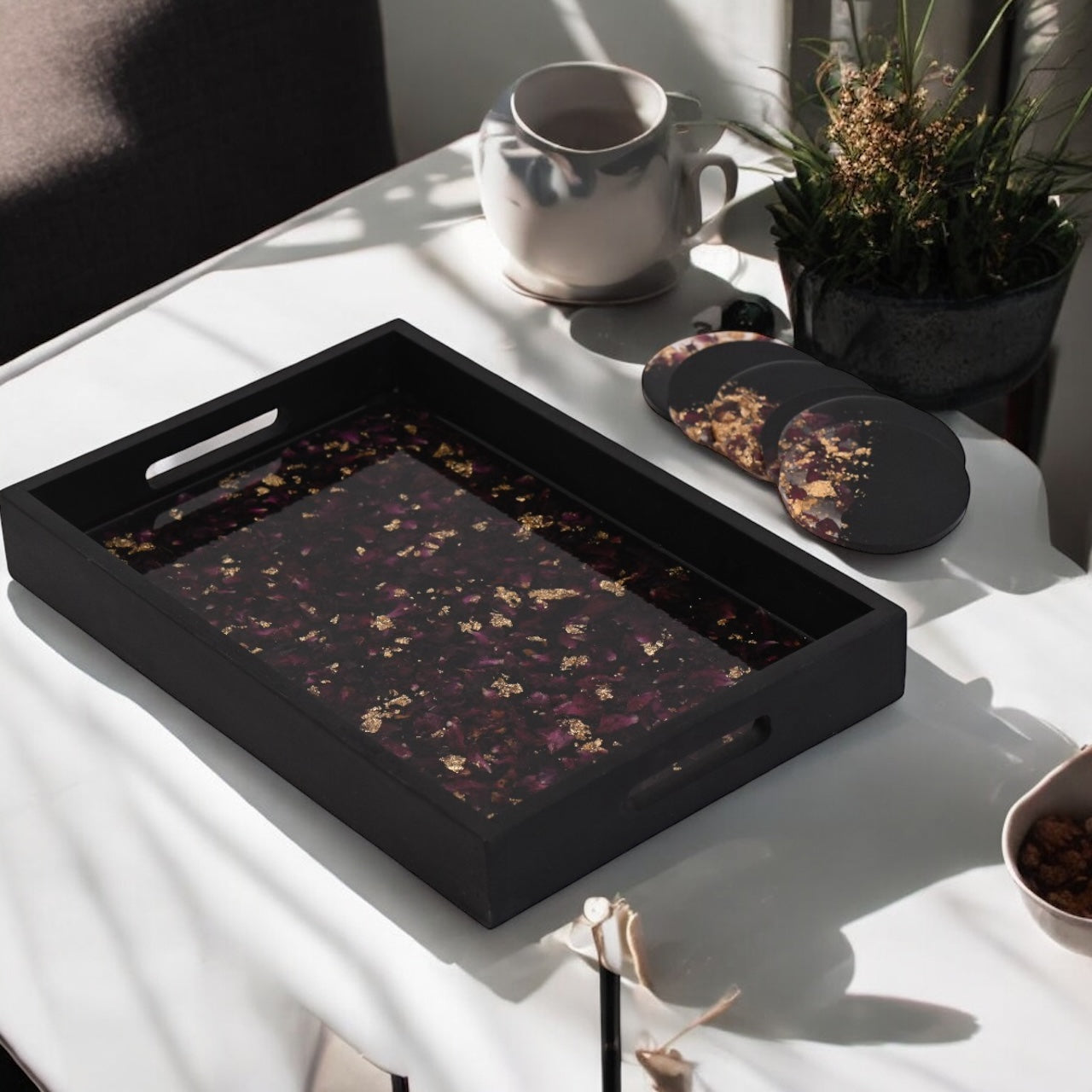 Opulent Black & Gold Petal Tray & Coaster Set: Serve in Luxe Style