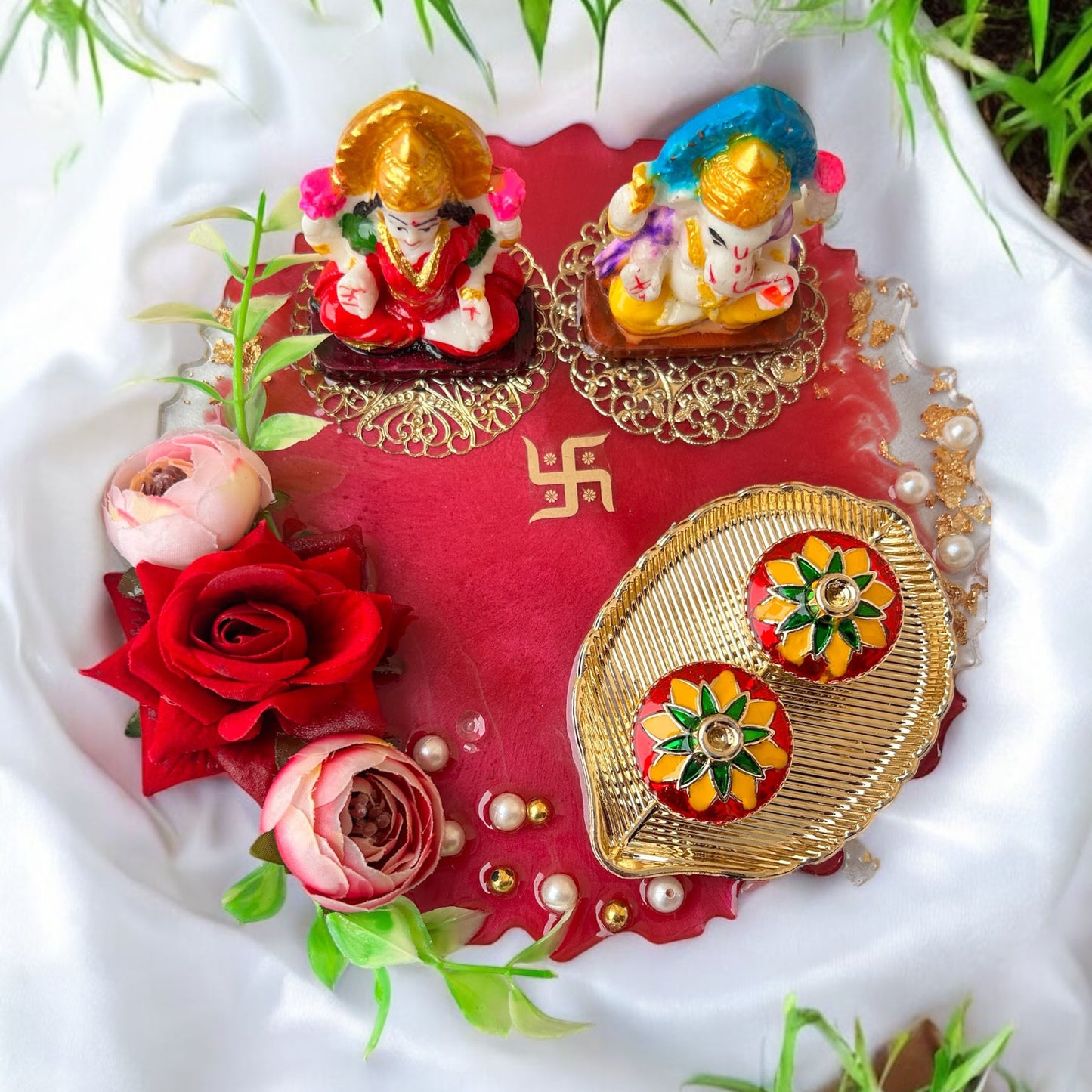 ❤ Grand Handcrafted Resin Pooja Thali Set – Auspicious Red Agate Edition for Diwali & Special Occasions