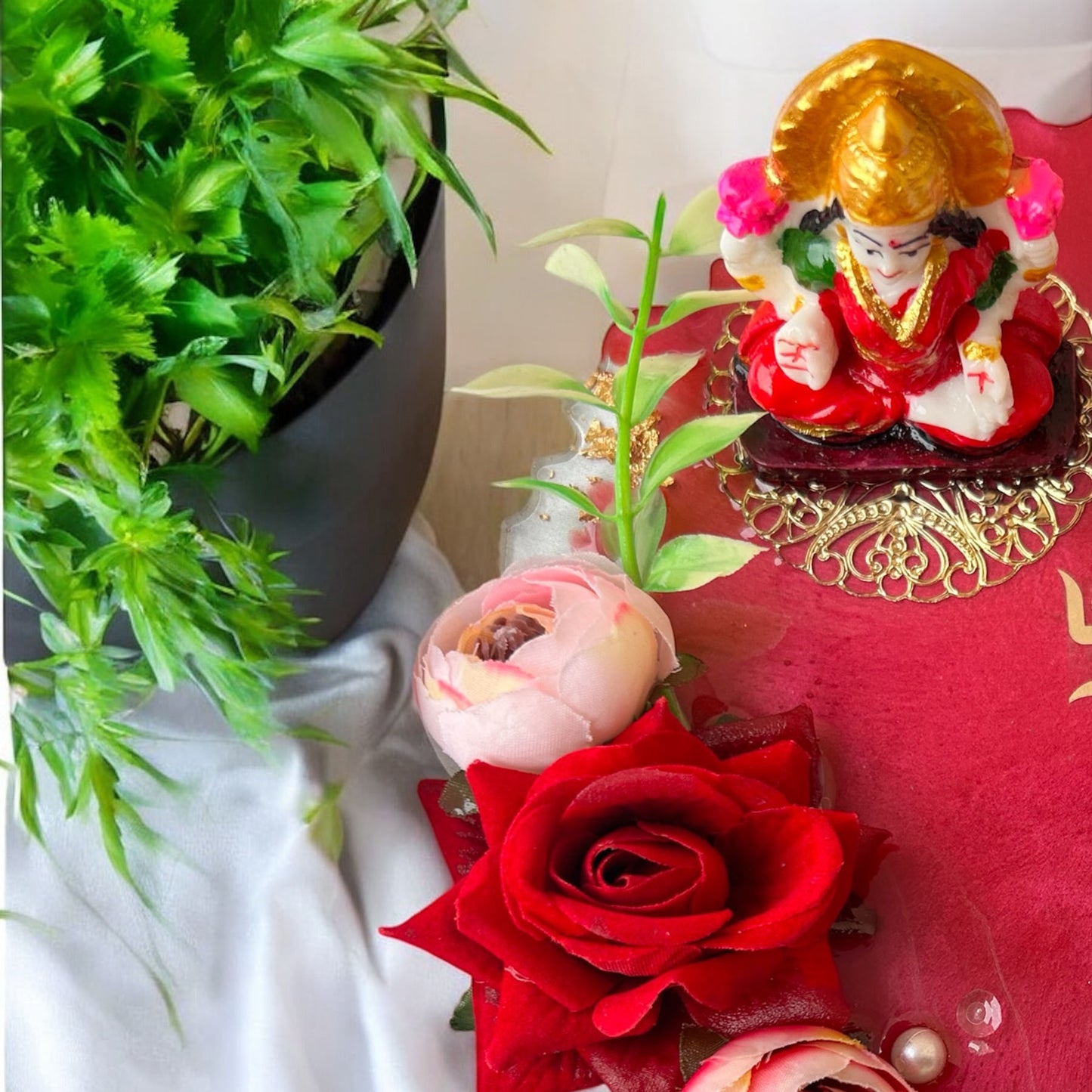 ❤ Grand Handcrafted Resin Pooja Thali Set – Auspicious Red Agate Edition for Diwali & Special Occasions