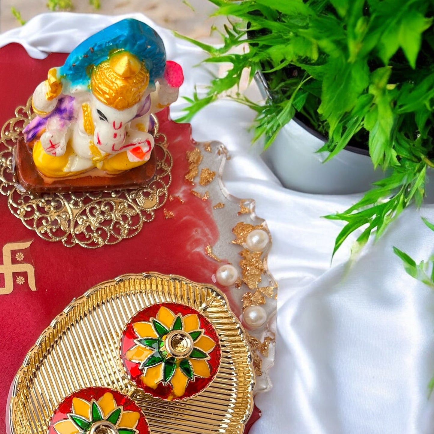 ❤ Grand Handcrafted Resin Pooja Thali Set – Auspicious Red Agate Edition for Diwali & Special Occasions
