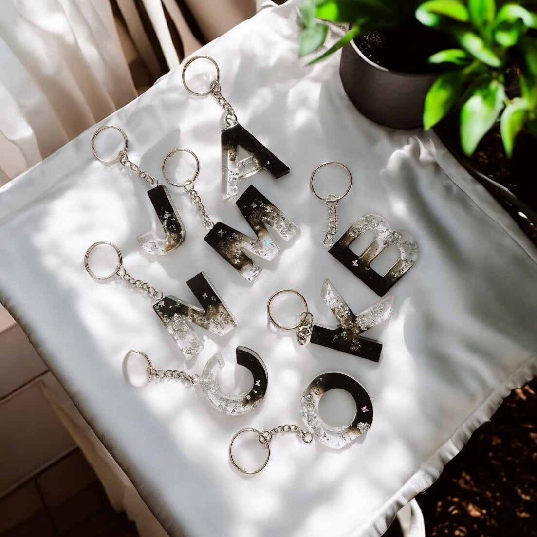 π€ Custom Resin Alphabet Keychain β Black & Silver Flakes Edition