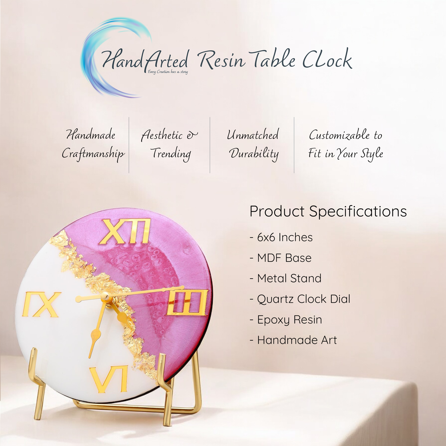HandArted Resin Table Clock – Blush Pink Edition