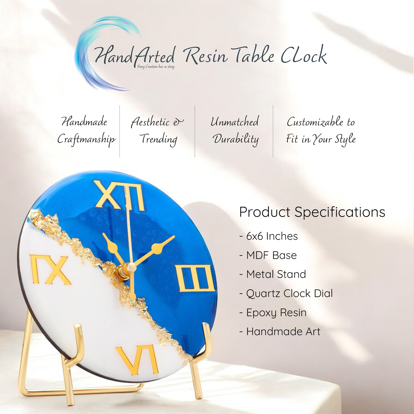 HandArted Resin Table Clock – Royal Blue Edition