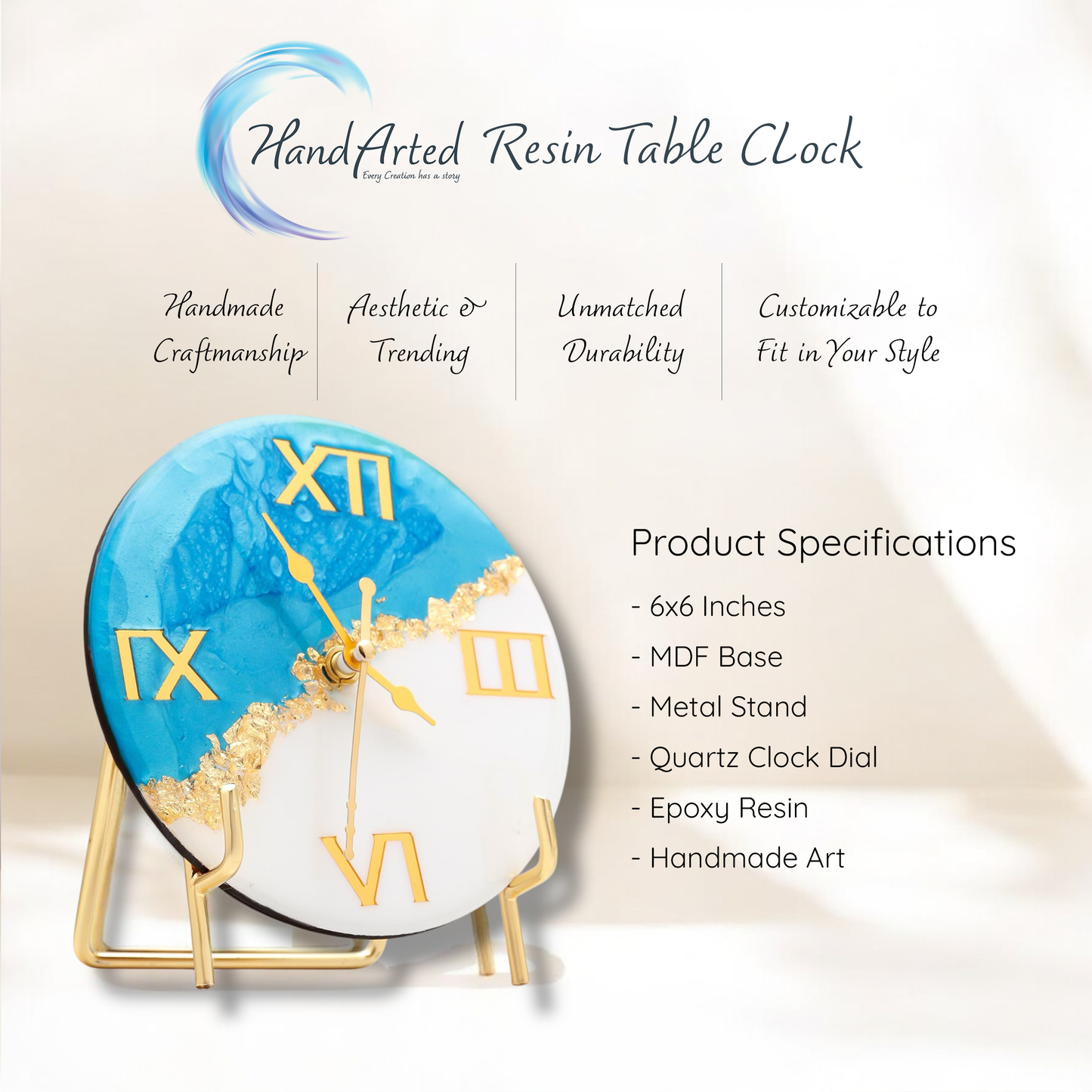 HandArted Resin Table Clock – Sky Blue Elegance