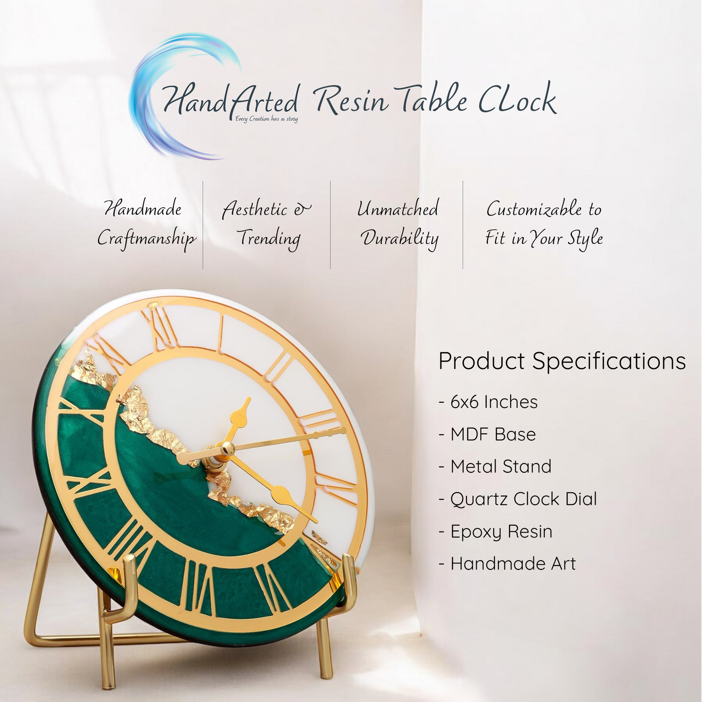 HandArted Resin Table Clock – Emerald Elegance Edition
