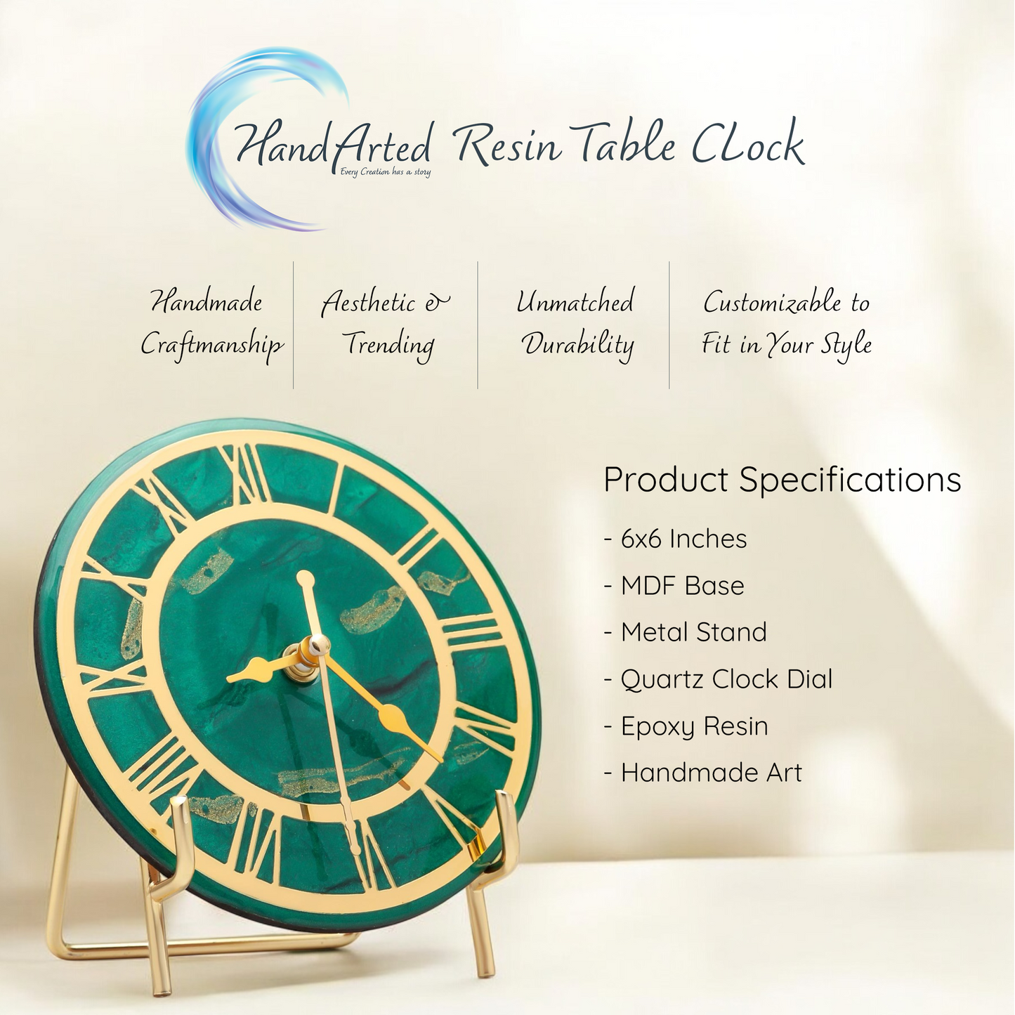 HandArted Resin Table Clock – Deep Emerald Classic Edition