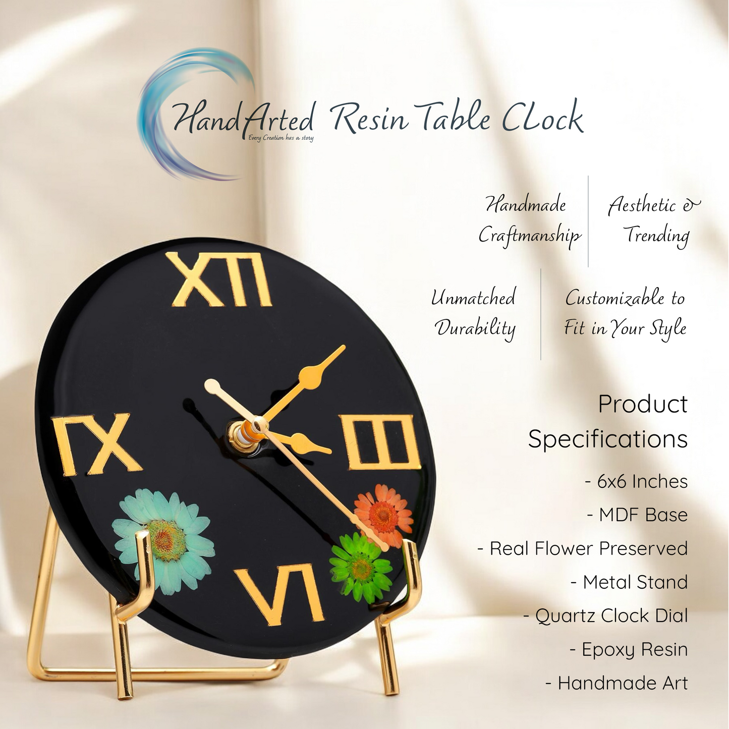 HandArted Resin Table Clock – Bold Bloom Edition