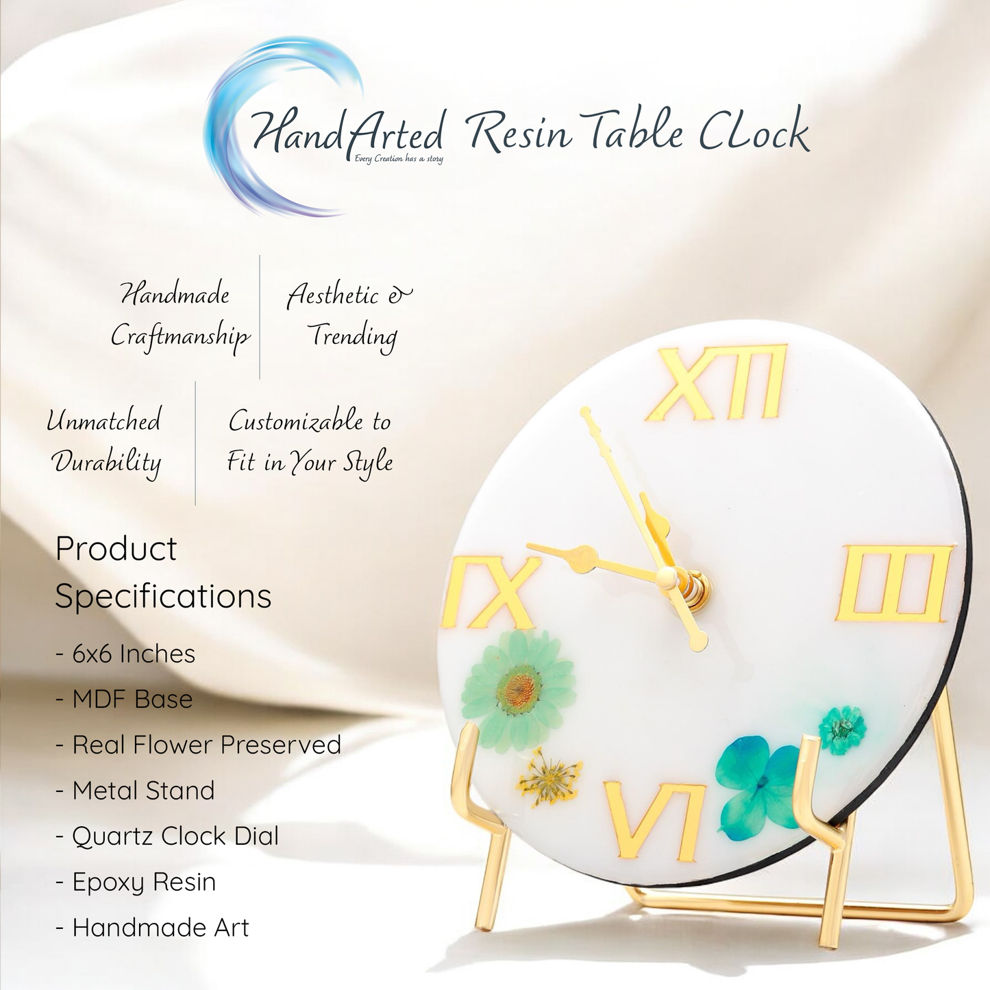 HandArted Resin Table Clock – Elegant Bloom Edition