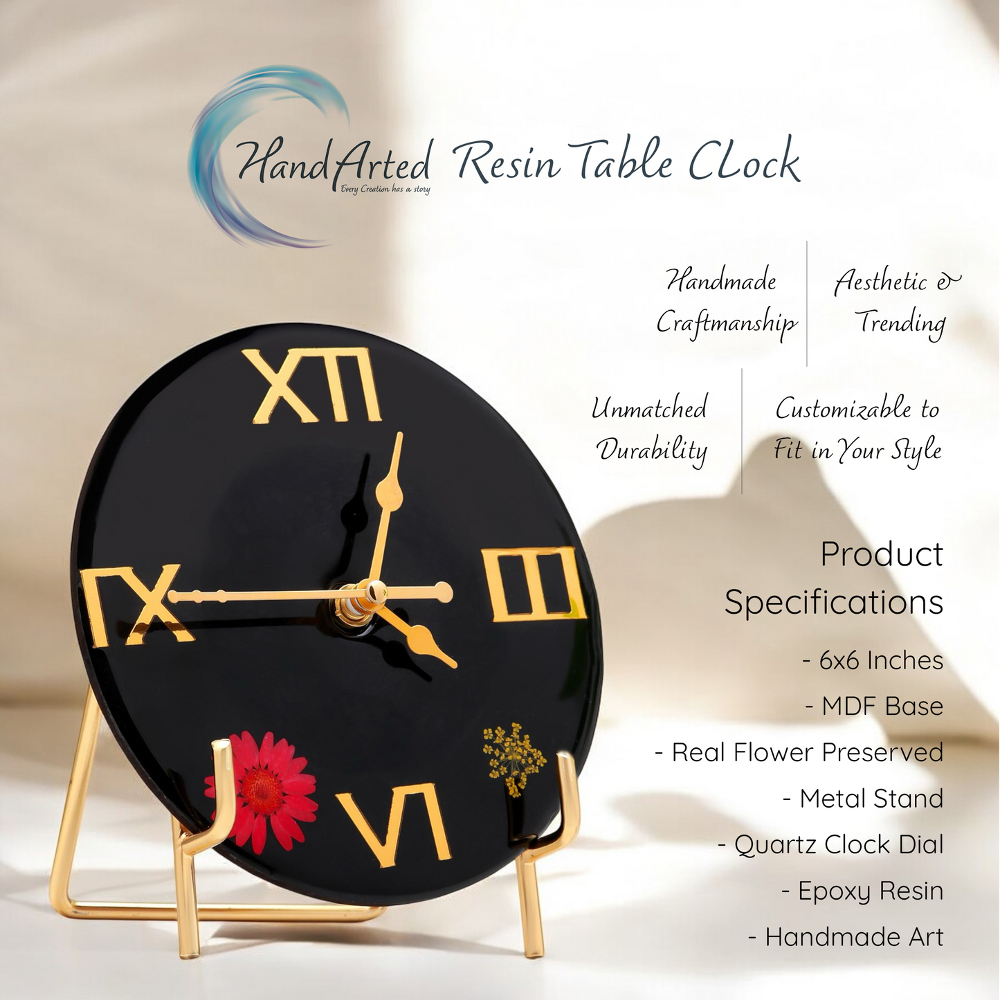 HandArted Resin Table Clock – Black & Bloom Edition
