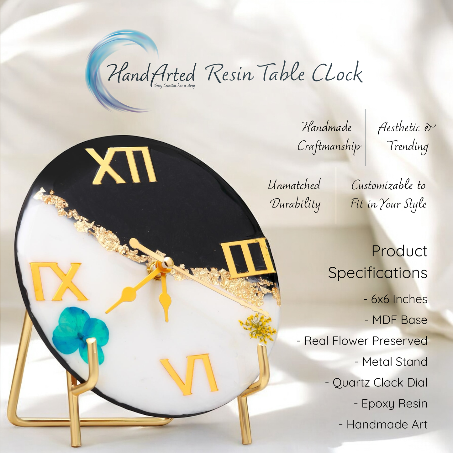 HandArted Resin Table Clock – Midnight Bloom Edition