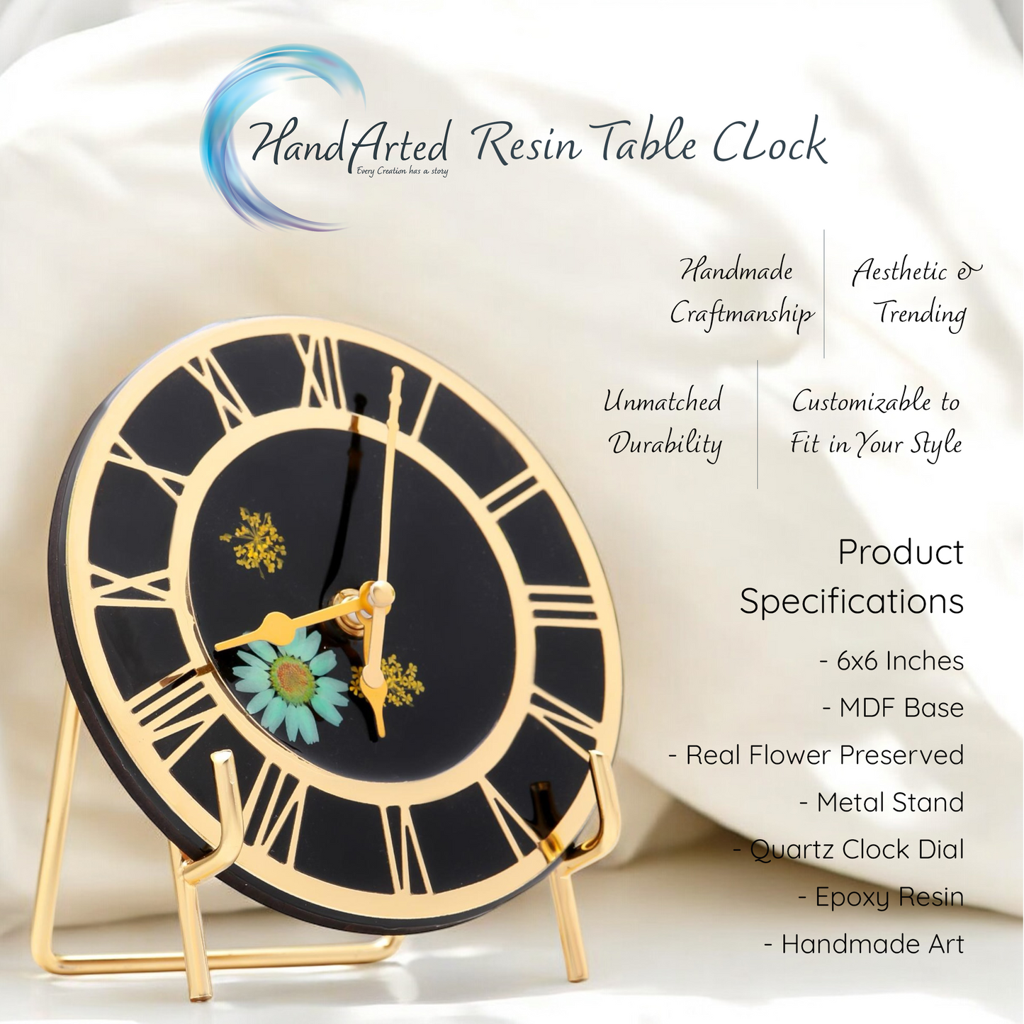 HandArted Resin Table Clock – Noir Bloom Edition
