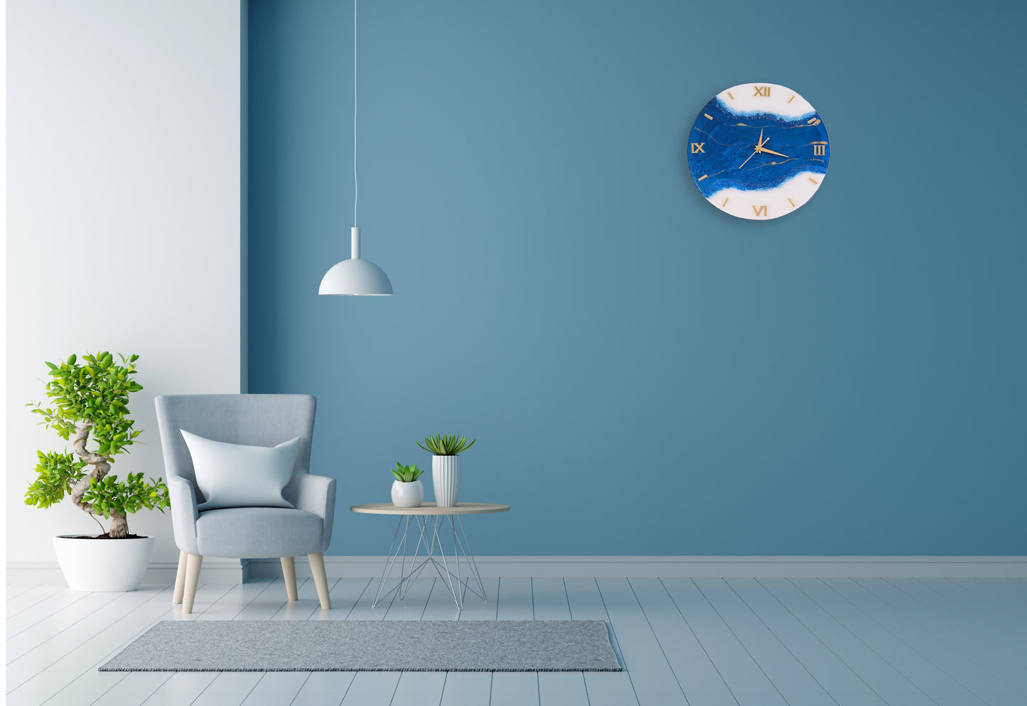 Ocean-Inspired Charm – HandArted Resin Wall Clock in Deep Blue & White