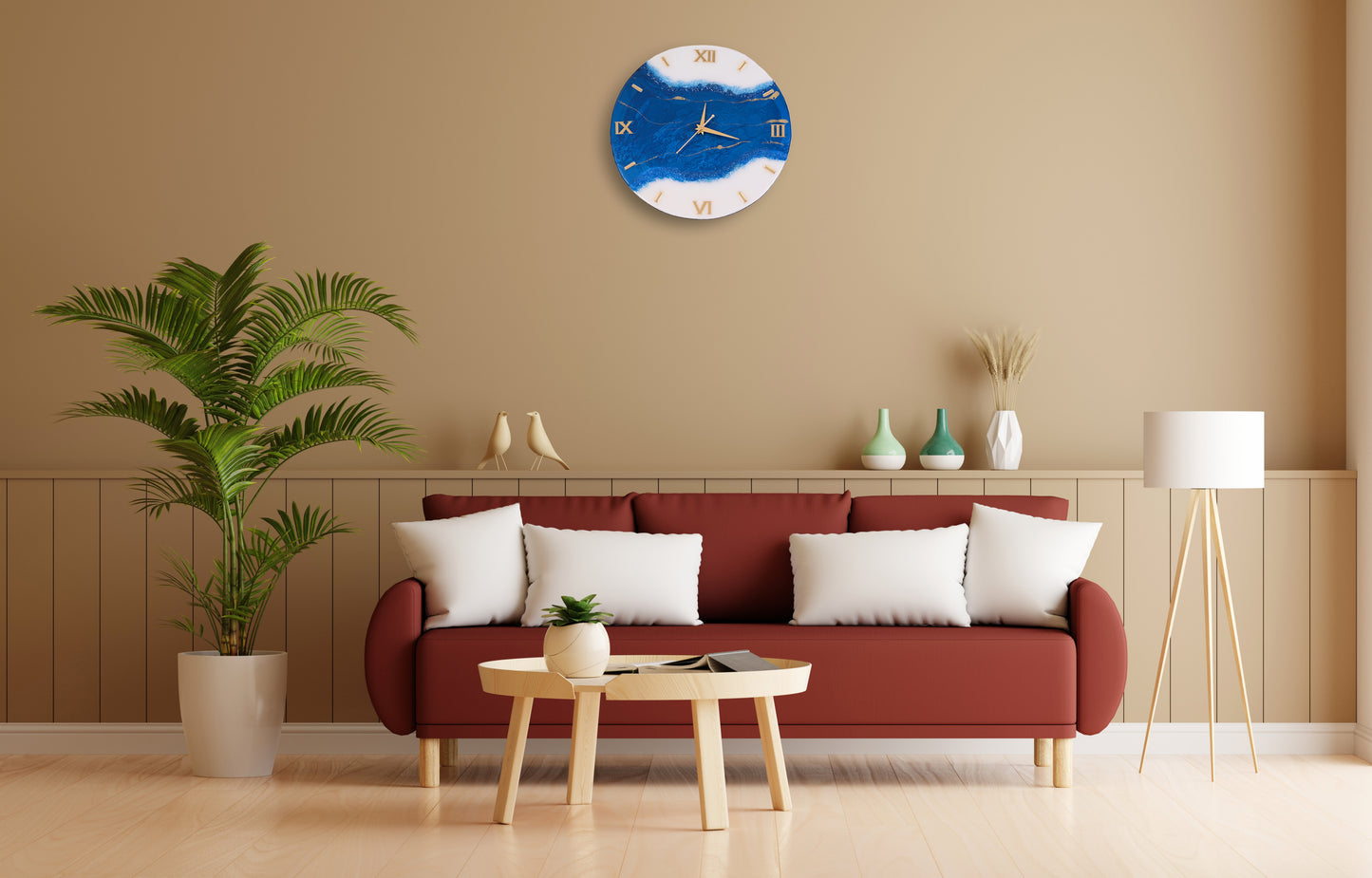 Ocean-Inspired Charm – HandArted Resin Wall Clock in Deep Blue & White