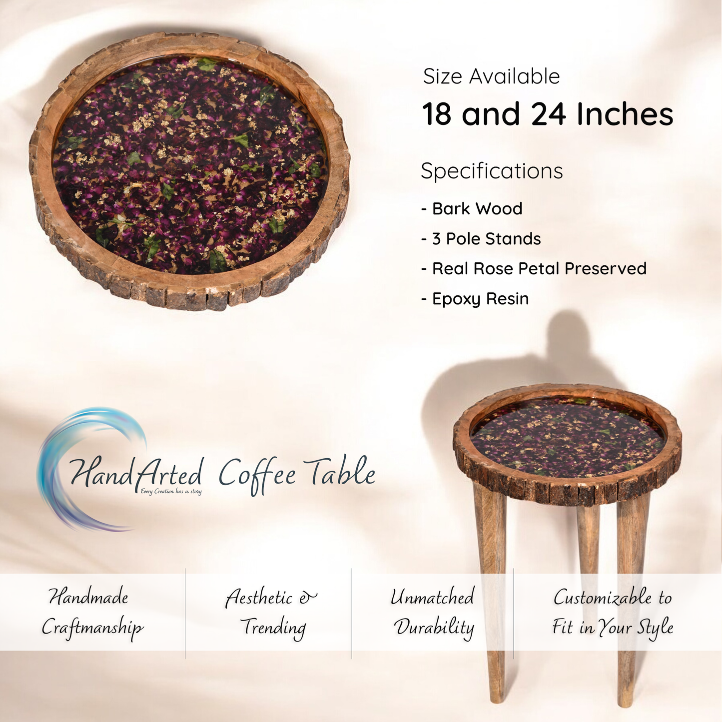 HandArted Rose Petal Resin Coffee Table