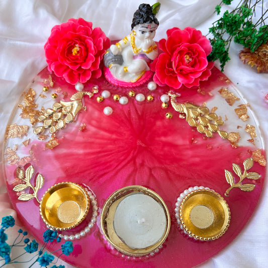 ❤ Grand Handcrafted Resin Pooja Thali Set – Divine Pink & Gold Edition with Kanha Ji & Peacocks