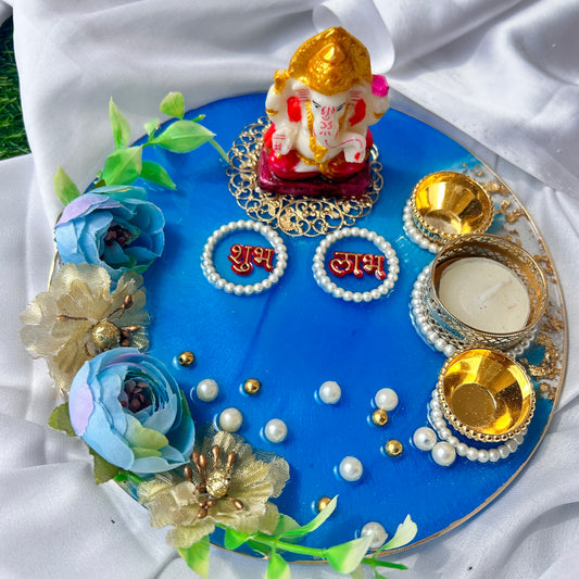 ❤ Grand Handcrafted Resin Pooja Thali Set – Auspicious Blue Edition for Diwali & Special Occasions