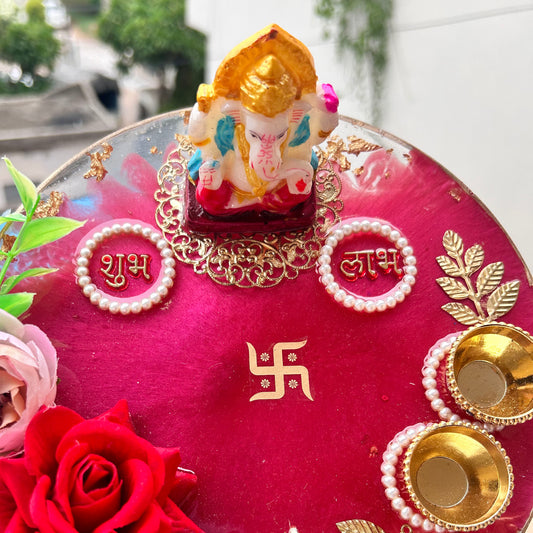 ❤ Grand Handcrafted Resin Pooja Thali Set – Auspicious Red Edition for Diwali & Special Occasions