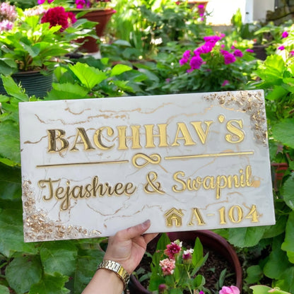 ❤️ Resin Home Door Name Plate – Marble & Gold Grandeur for Your Sweet Home