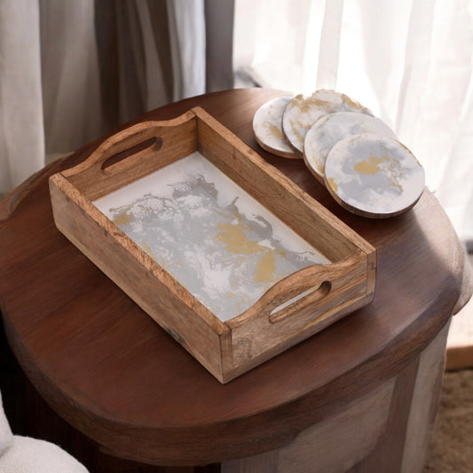 Ethereal Marble & Gold Wooden Tray & Coaster Set: Serve with Artistic Flair