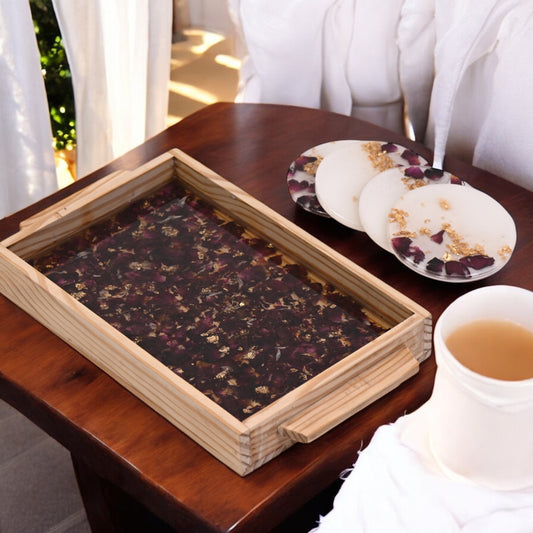 Enchanting Petal & Gold Wooden Tray & Coaster Set: Botanical Elegance
