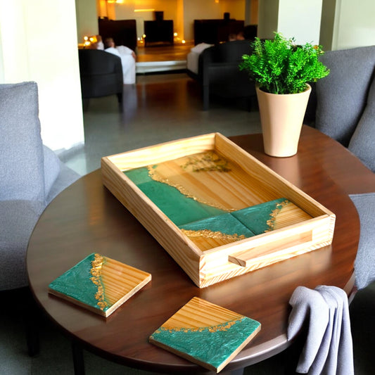 Coastal Shores Resin & Wood Tray & Coaster Set: Artistic Serving