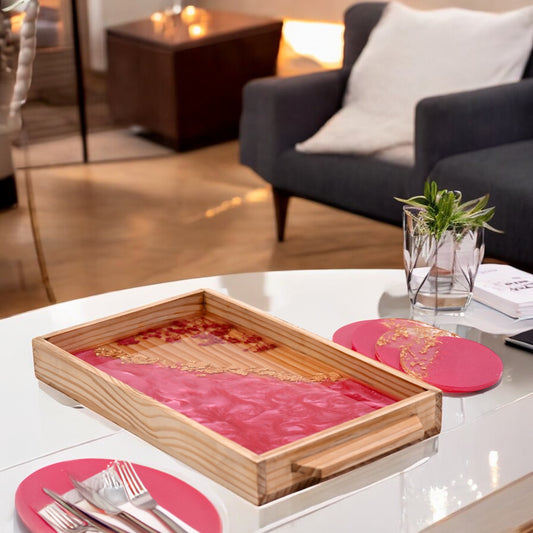 Fuchsia Dream Resin & Wood Tray & Coaster Set: Vivid Serving Art