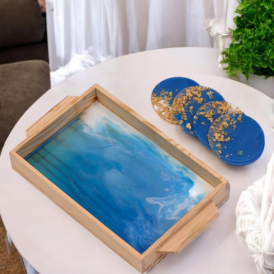 🌊 Resin Tray & Coaster Set – Ocean Blue with Gold Foil Accents