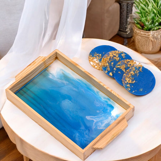 Deep Ocean Resin & Wood Tray & Coaster Set: Coastal Elegance