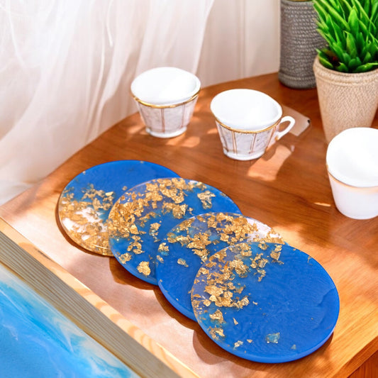 Royal Blue & Gold Leaf Resin Coasters: Elevate Your Space