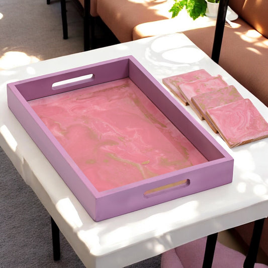 Rose Quartz Resin & Wood Tray & Coaster Set: Feminine Elegance