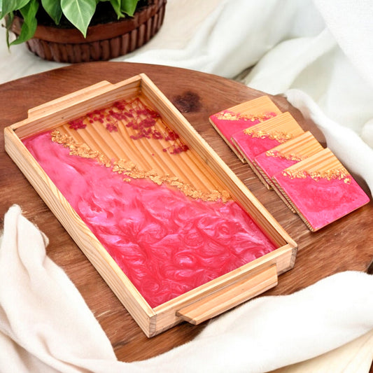 Berry Blush Resin & Wood Tray  & Coaster Set: Vibrant Serving Artistry