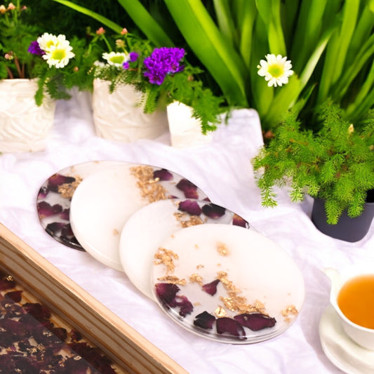 Romantic Petal & Gold Foil Resin Coasters: Elegance for Your Table