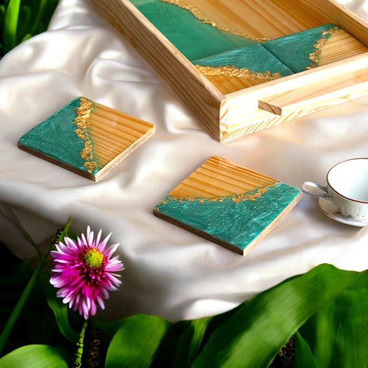 Emerald Waters Wood & Resin Coasters: Artisan Table Protectors