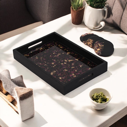 Opulent Black & Gold Petal Tray & Coaster Set: Serve in Luxe Style