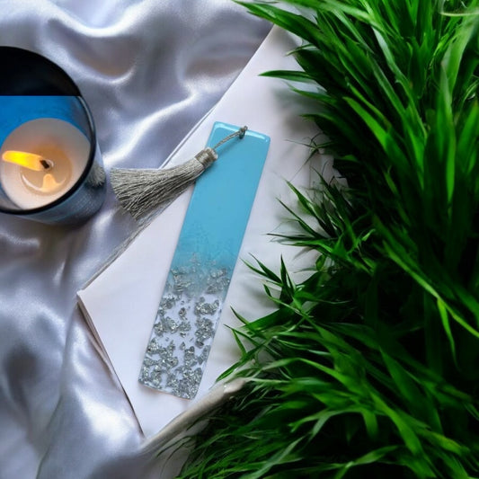 📖 Handcrafted Resin Bookmark with Tassels – Silver Flakes Edition
