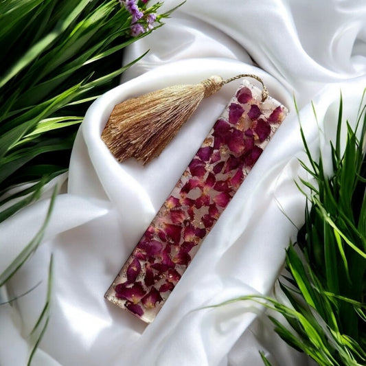 📖 Handcrafted Resin Bookmark with Tassels – Real Rose Petals Edition