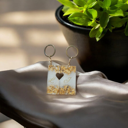 🤍 Custom Resin Alphabet Keychain – White & Gold Flakes Edition